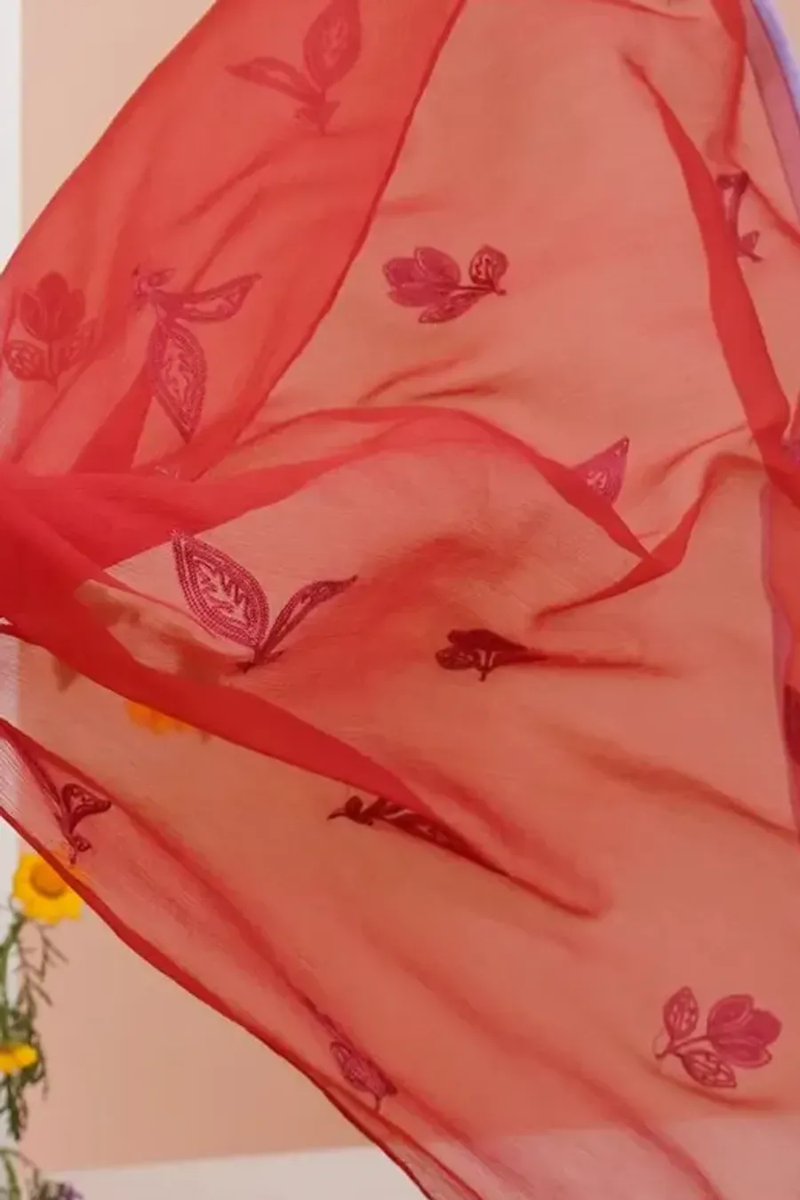 Madder Red Embroidered Chiffon Dupatta, detail