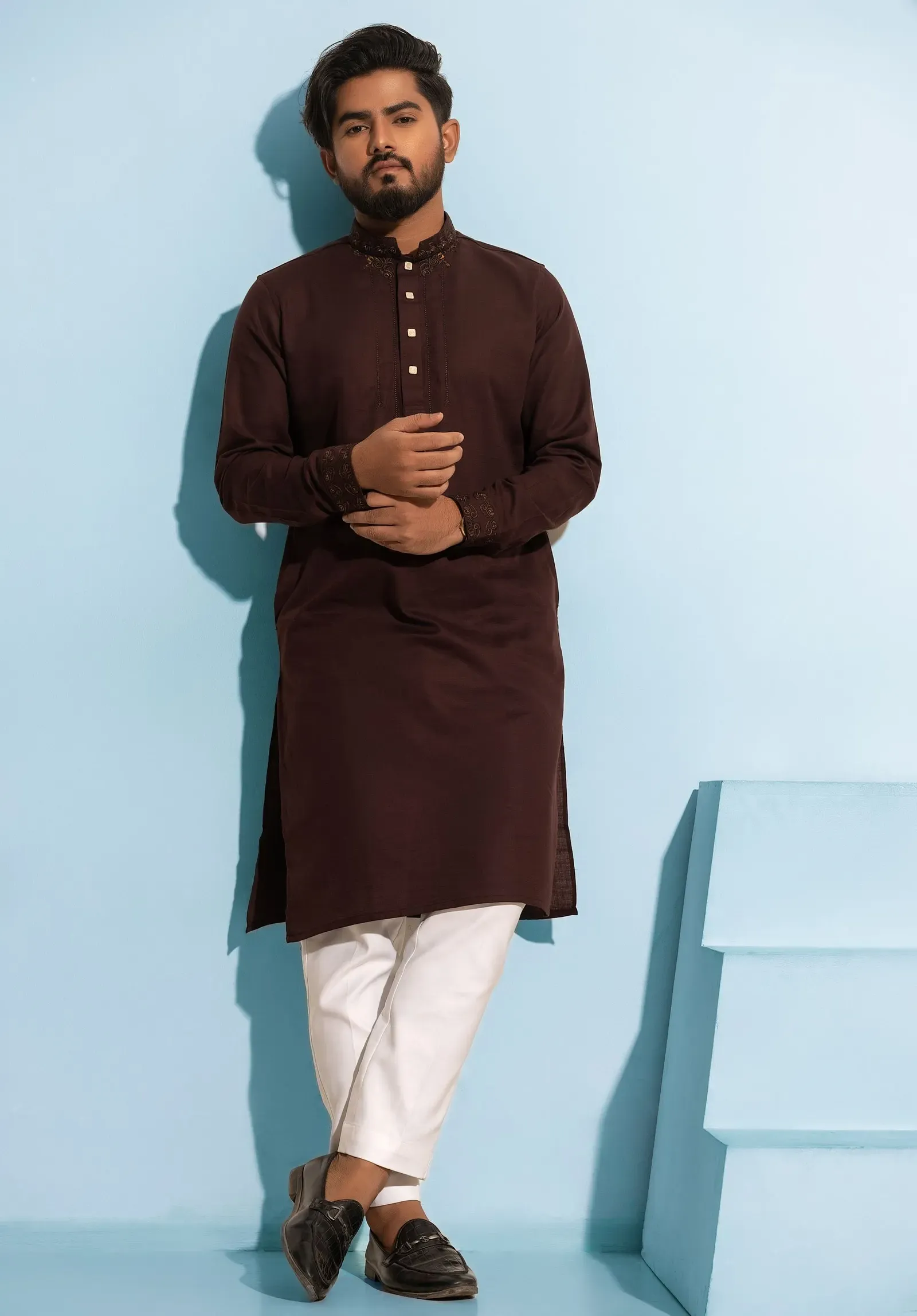 Kattha Brown Cotton Kurta, front