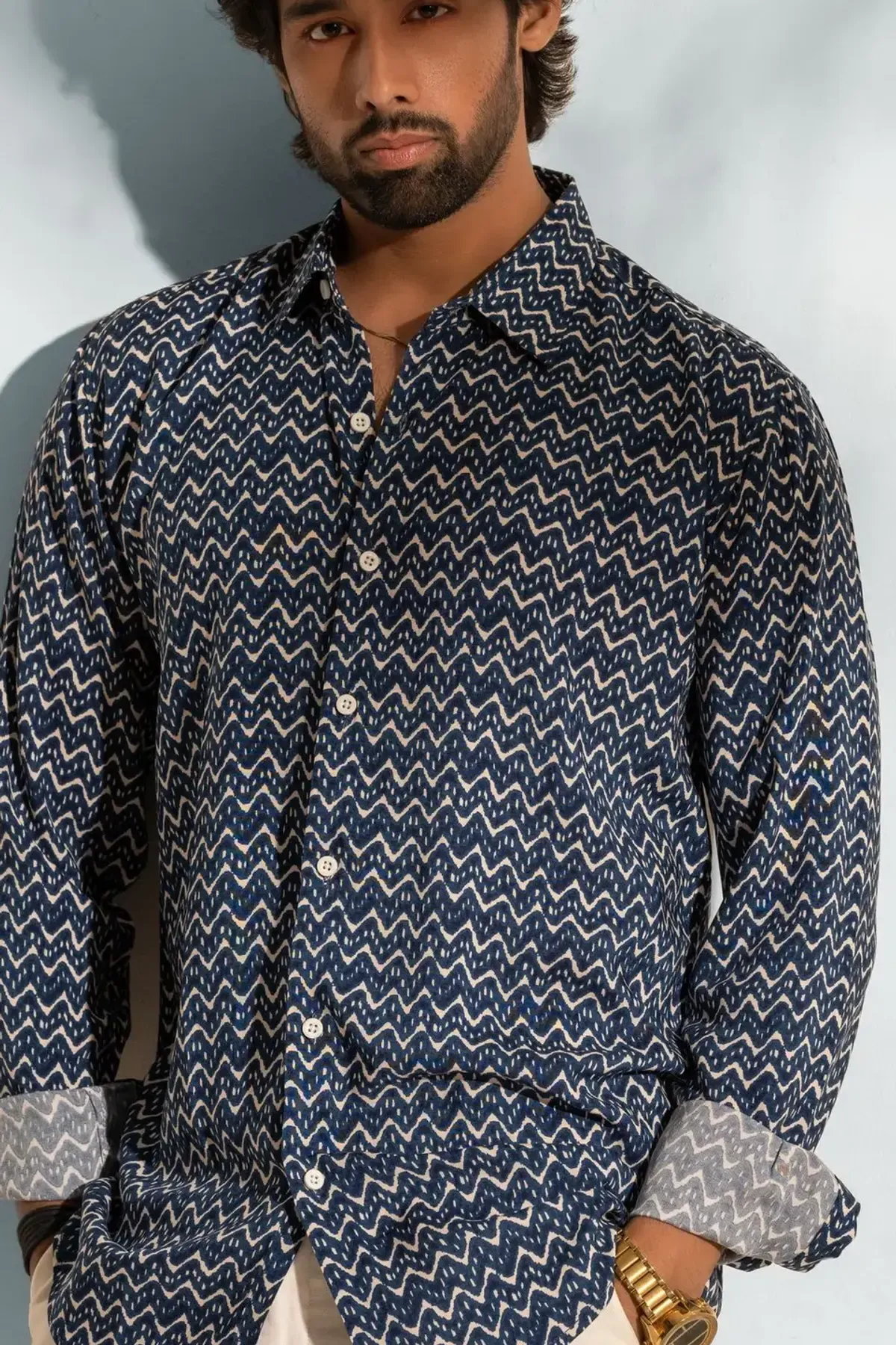 Navy Chevron Print Cotton Shirt, detail