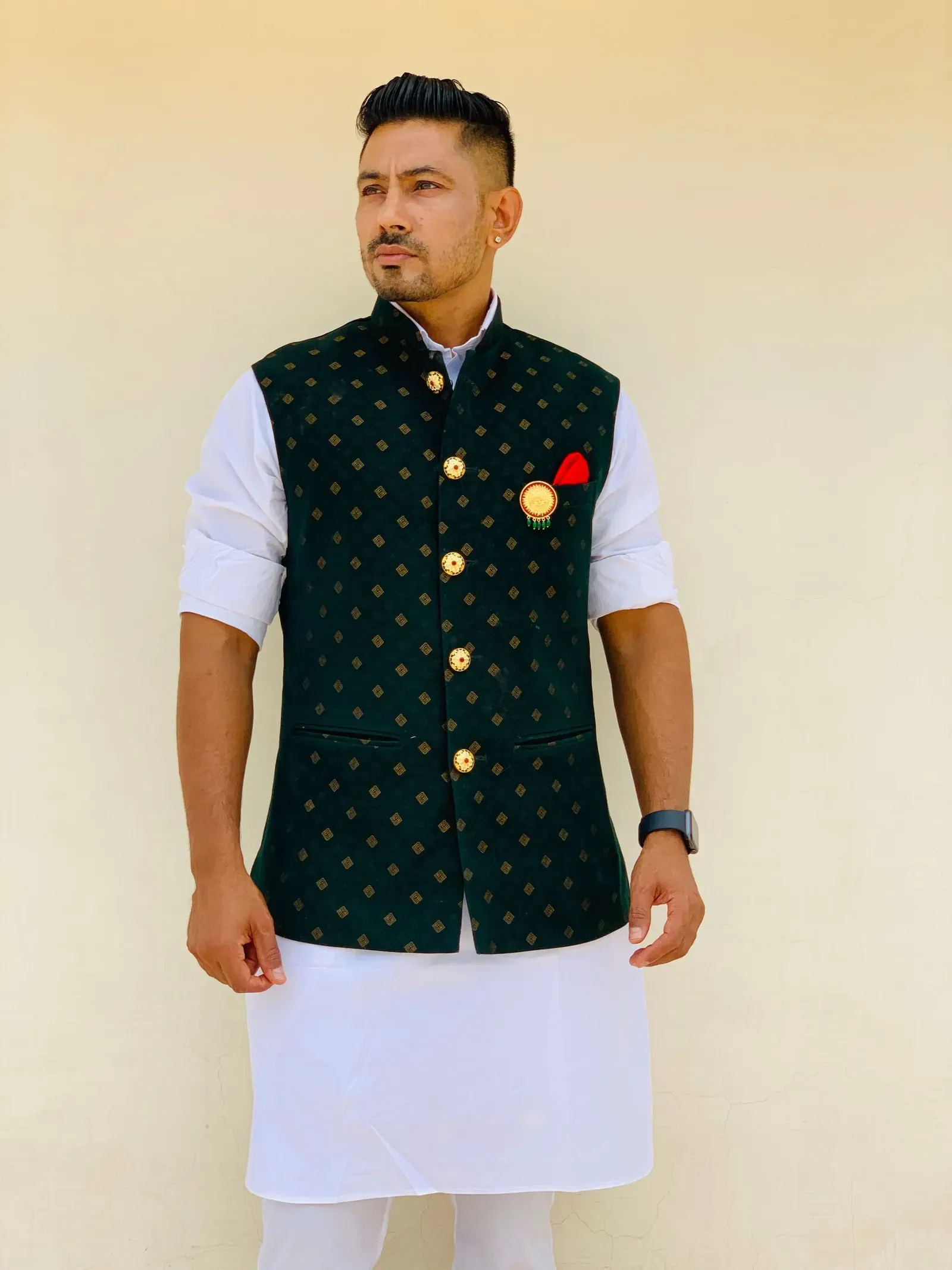 Bottle Green Buti Nehru Jacket, front
