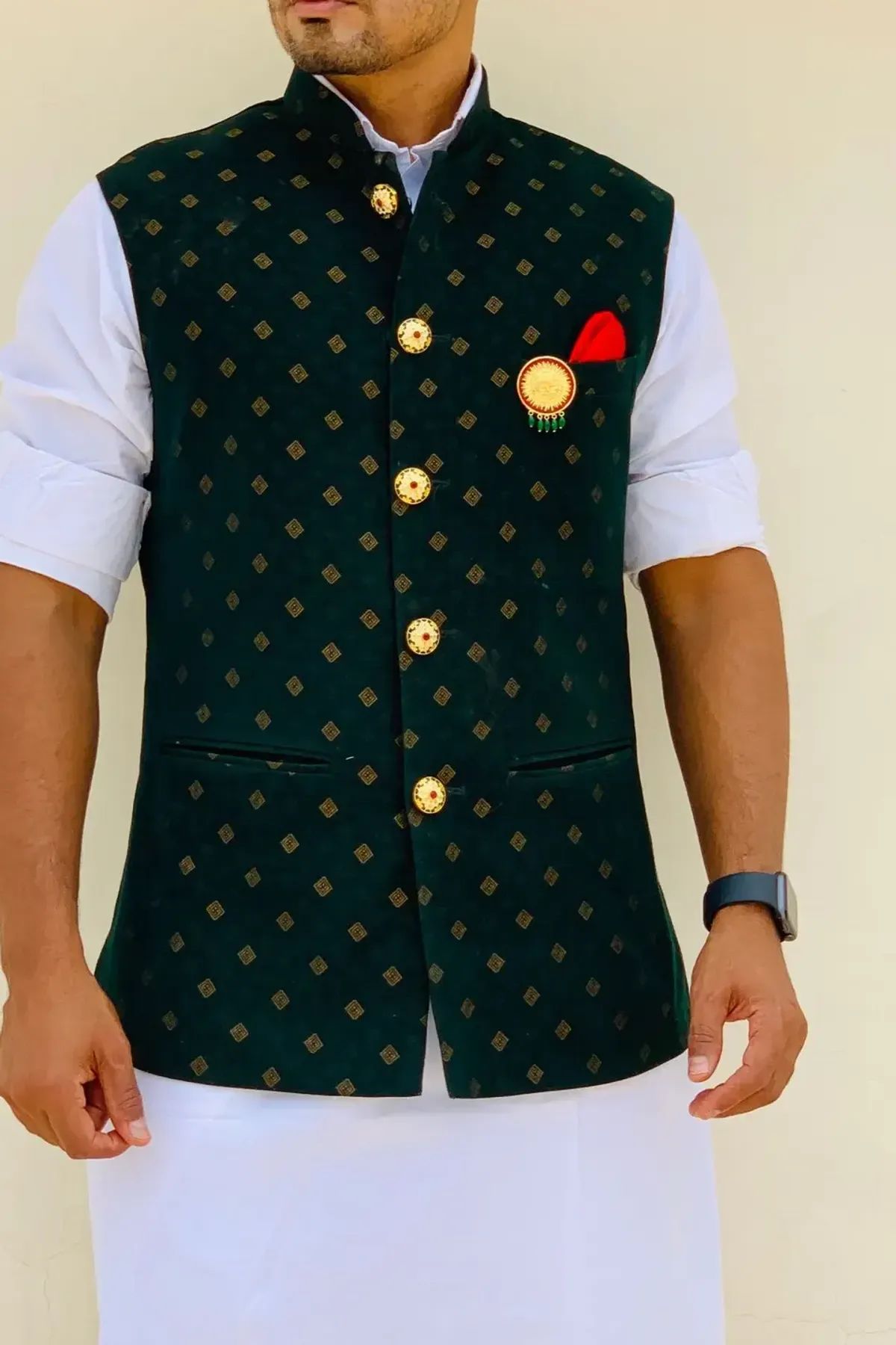 Bottle Green Buti Nehru Jacket, detail