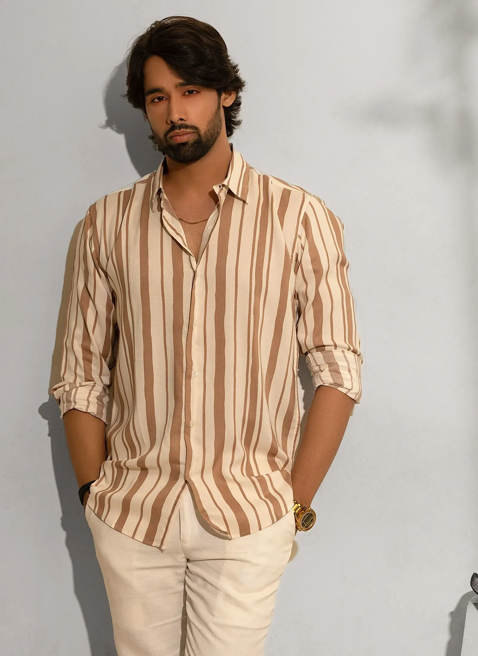 Tan Stripe Rayon Shirt, front