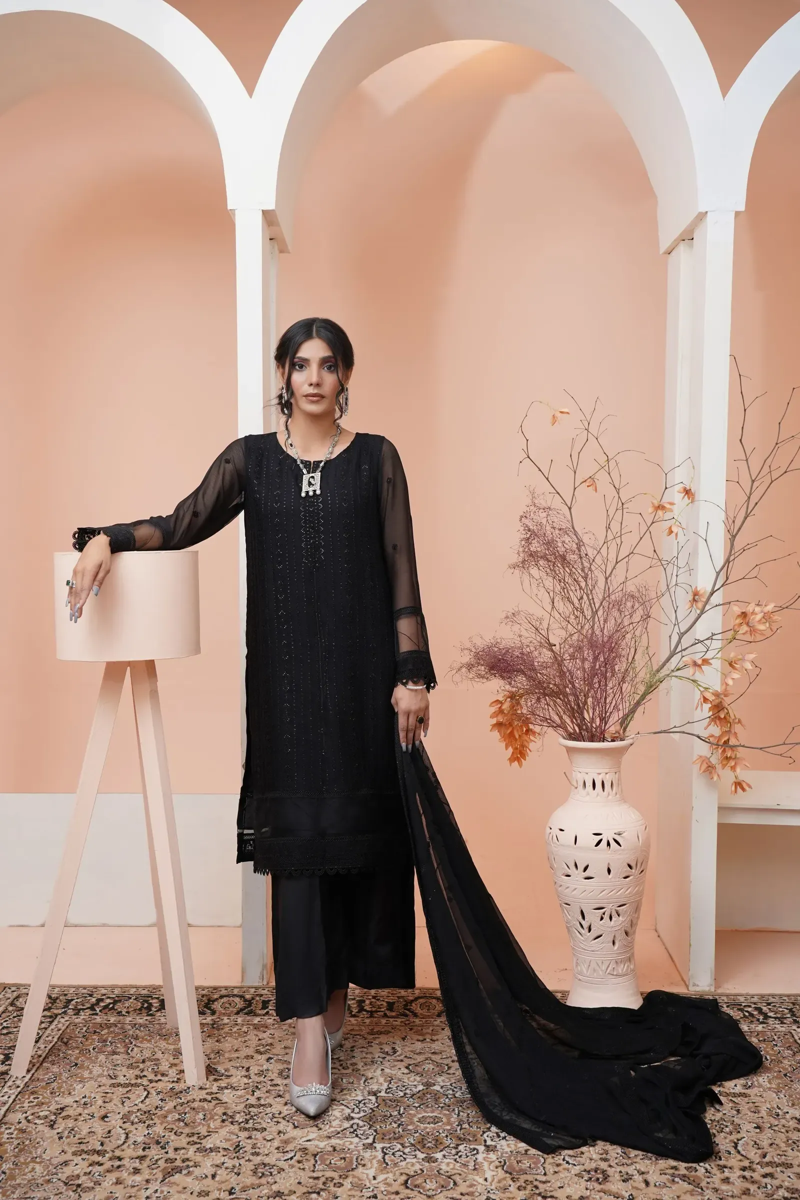 Black Pintuck Georgette Kurta Set, front
