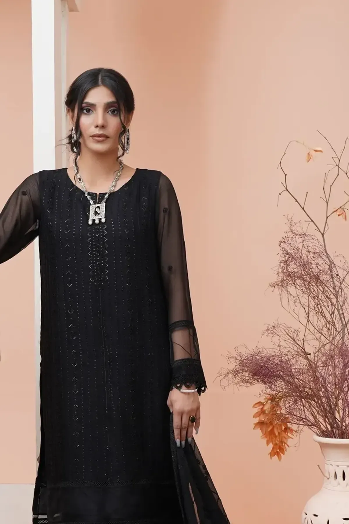 Black Pintuck Georgette Kurta Set, detail