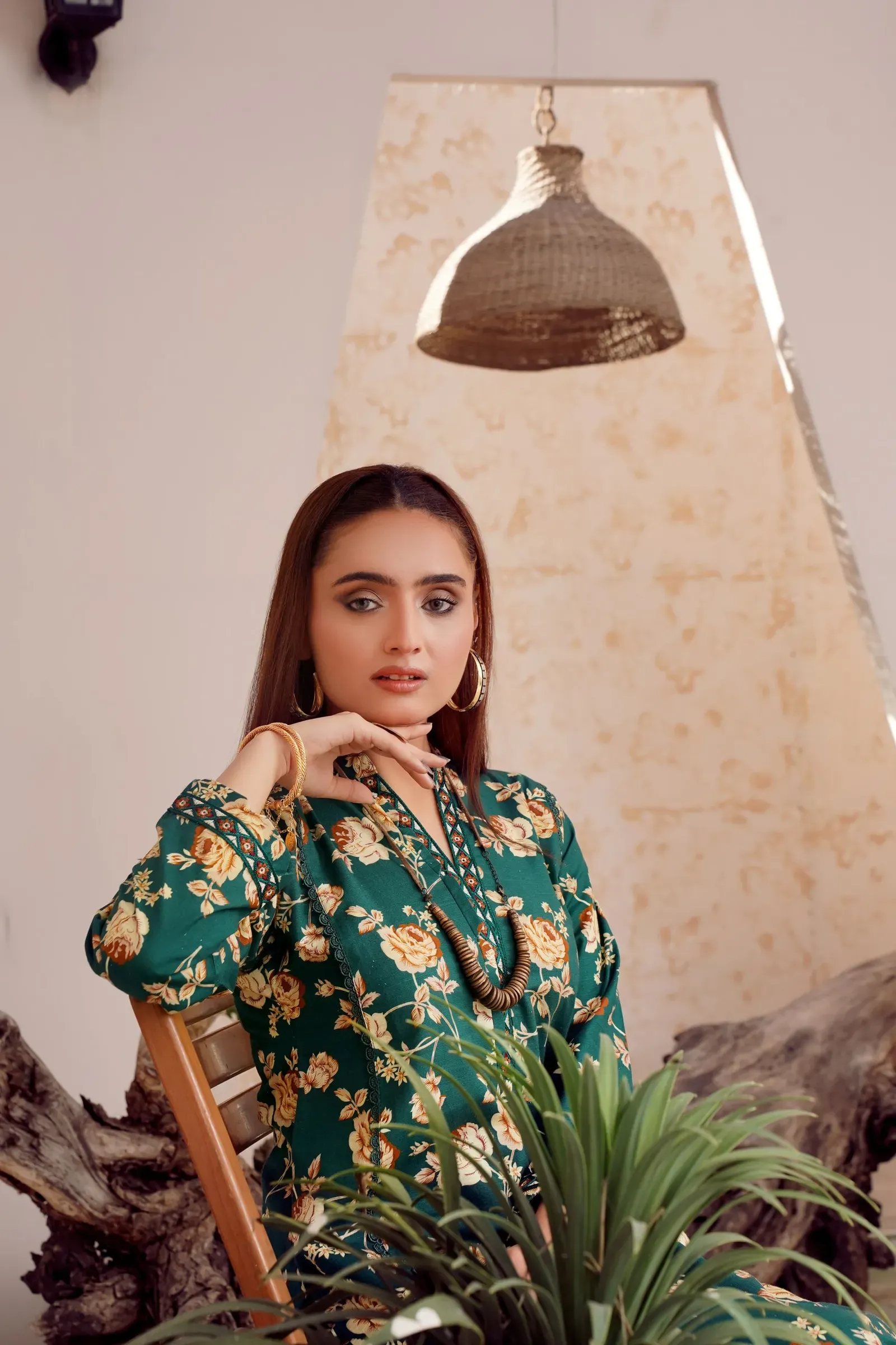 Bottle Green Rose Print Kurta, front