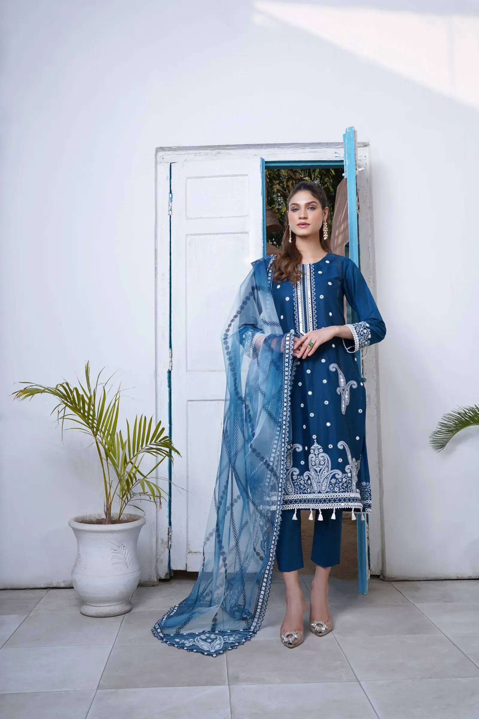 Denim Blue Embroidered Suit Set with Organza Dupatta, front