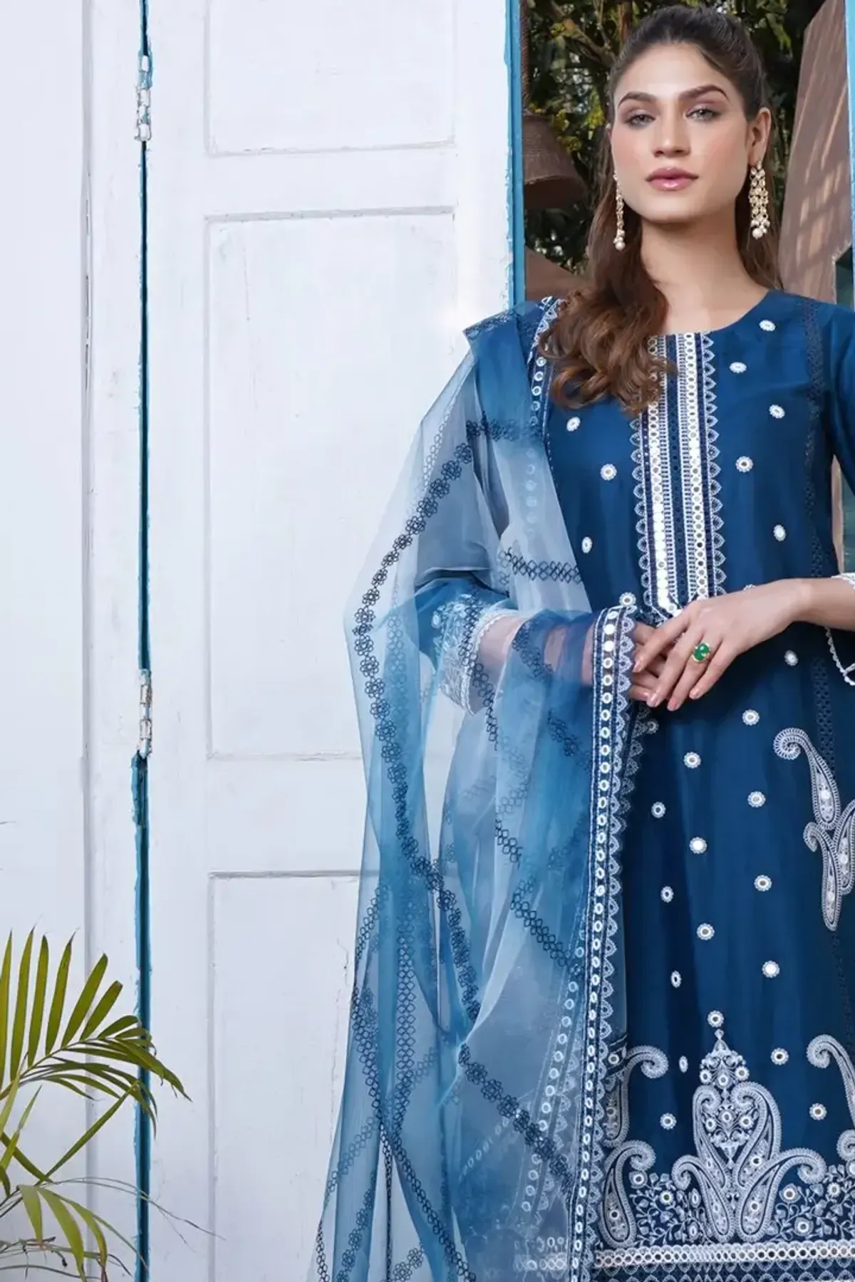 Denim Blue Embroidered Suit Set with Organza Dupatta, detail