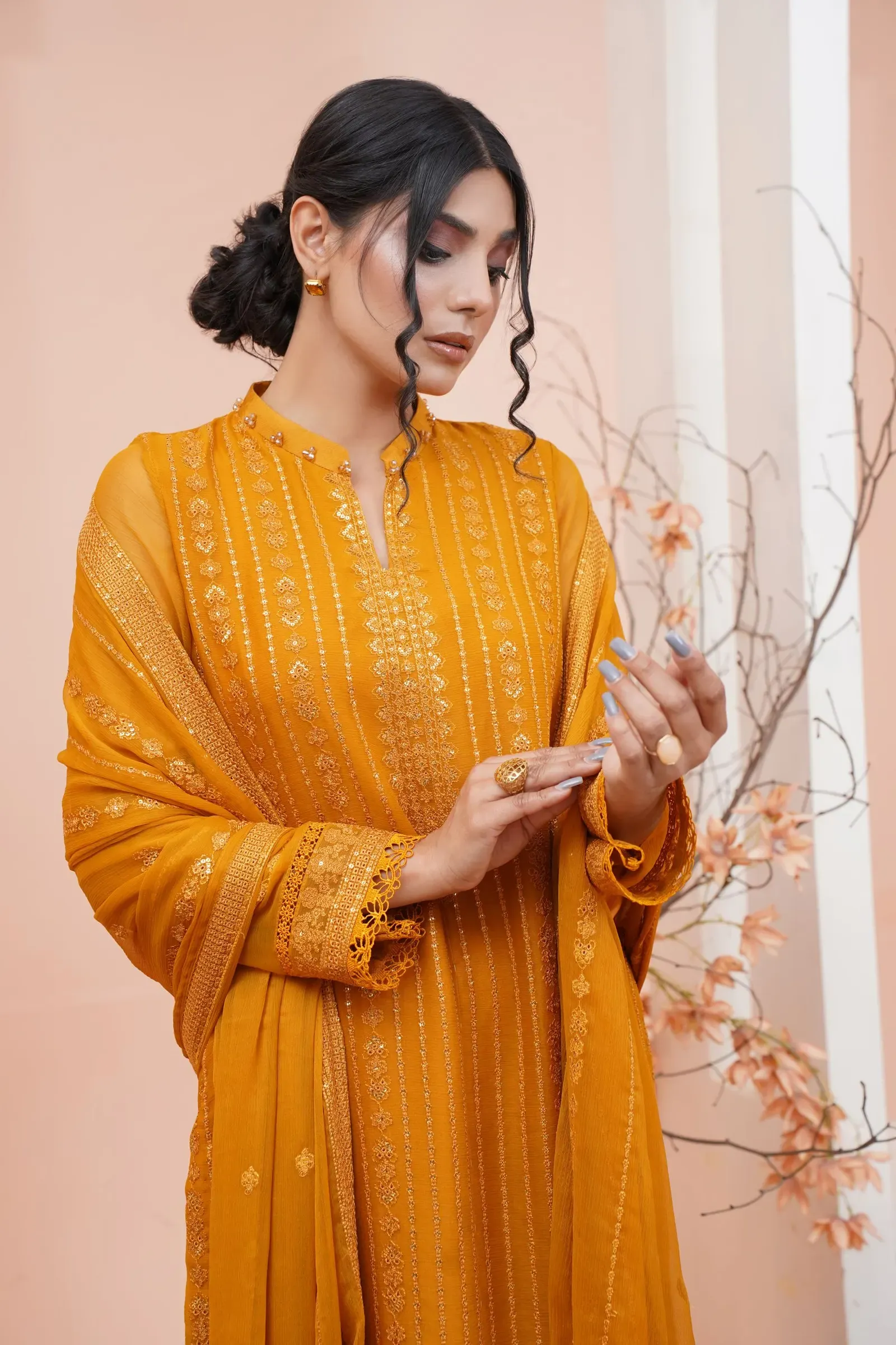 Haldi Pintuck Georgette Kurta Set with Dupatta, front