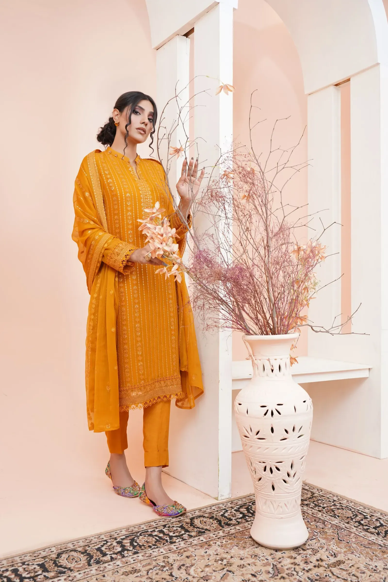 Haldi Pintuck Georgette Kurta Set with Dupatta, detail