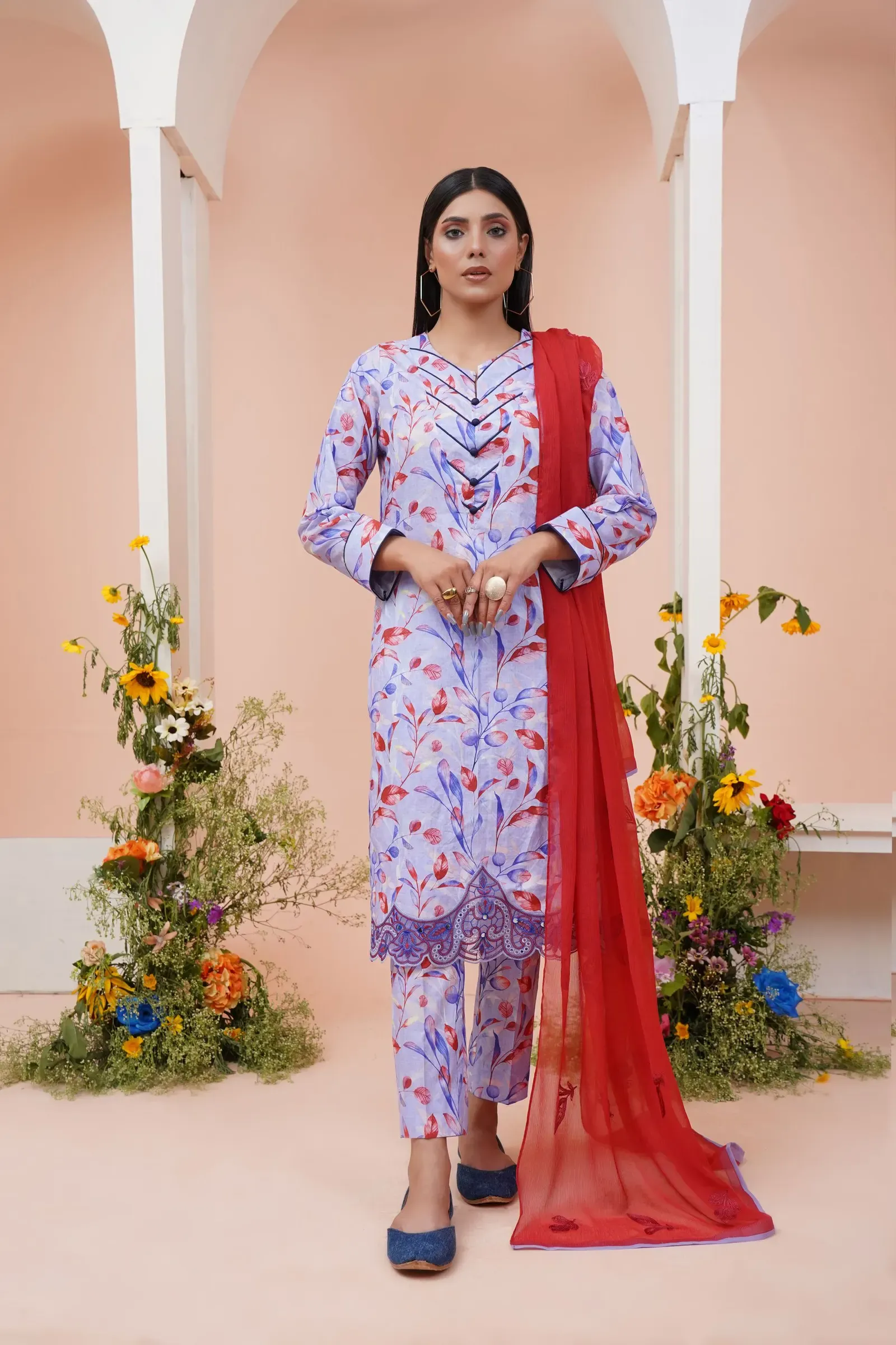 Lilac Leaf Print Kurta Set with Chiffon Dupatta, front