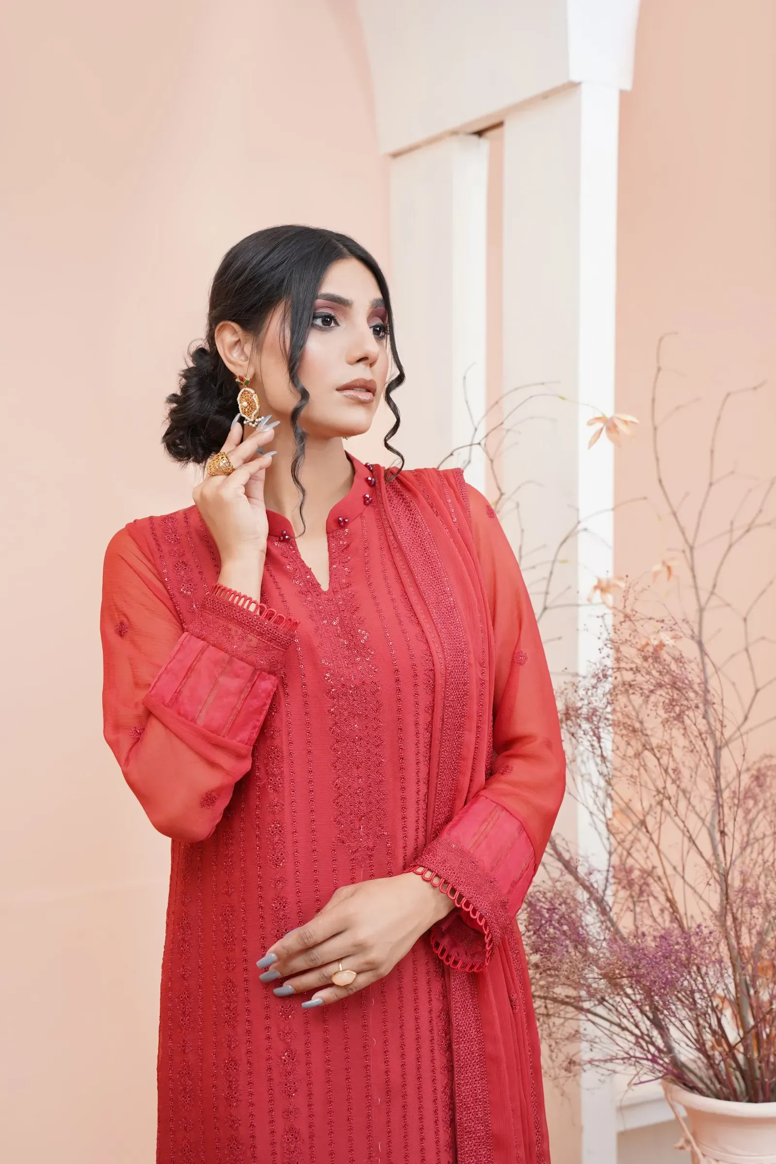 Madder Red Pintuck Georgette Kurta Set, front