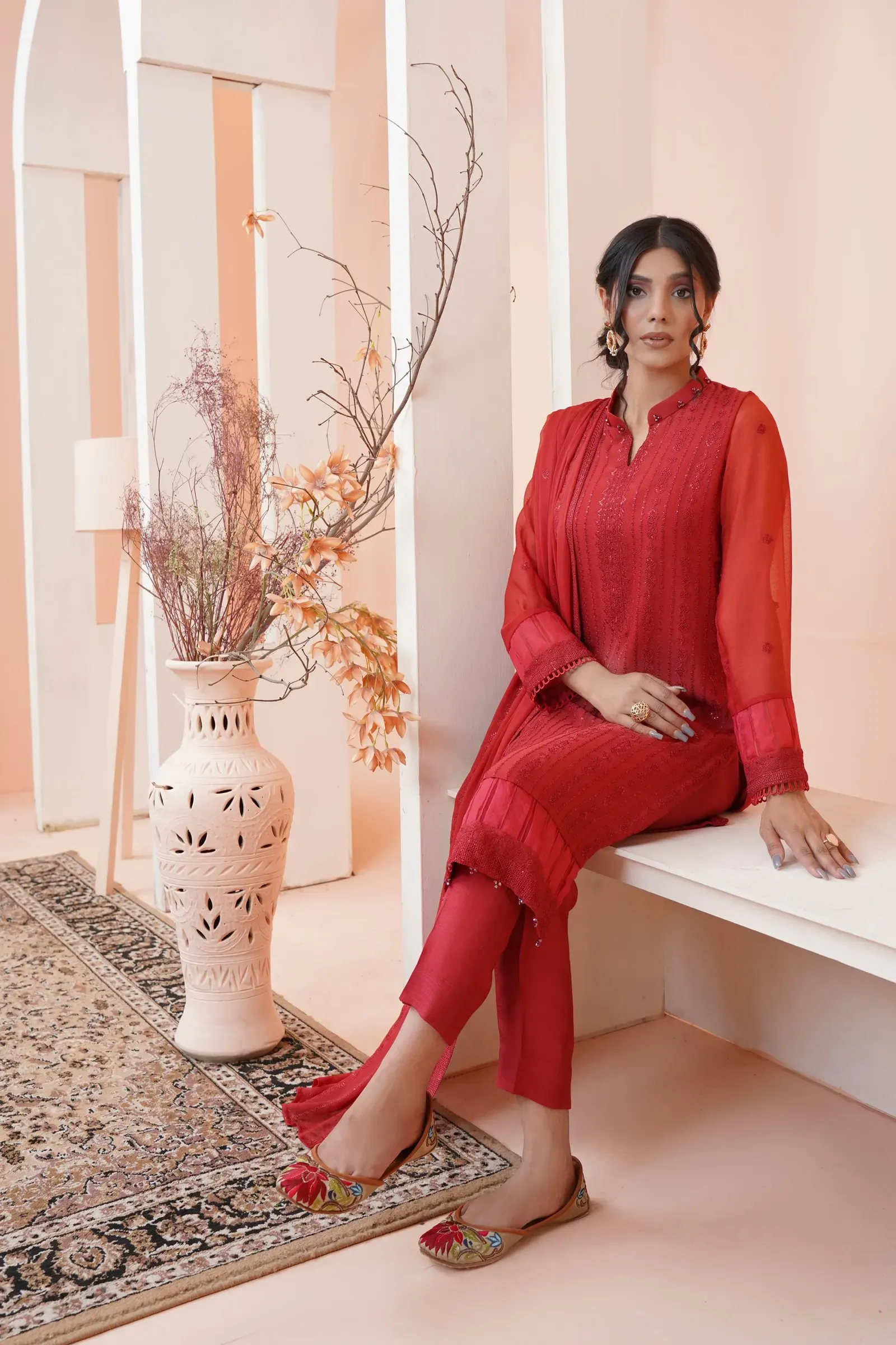 Madder Red Pintuck Georgette Kurta Set, detail