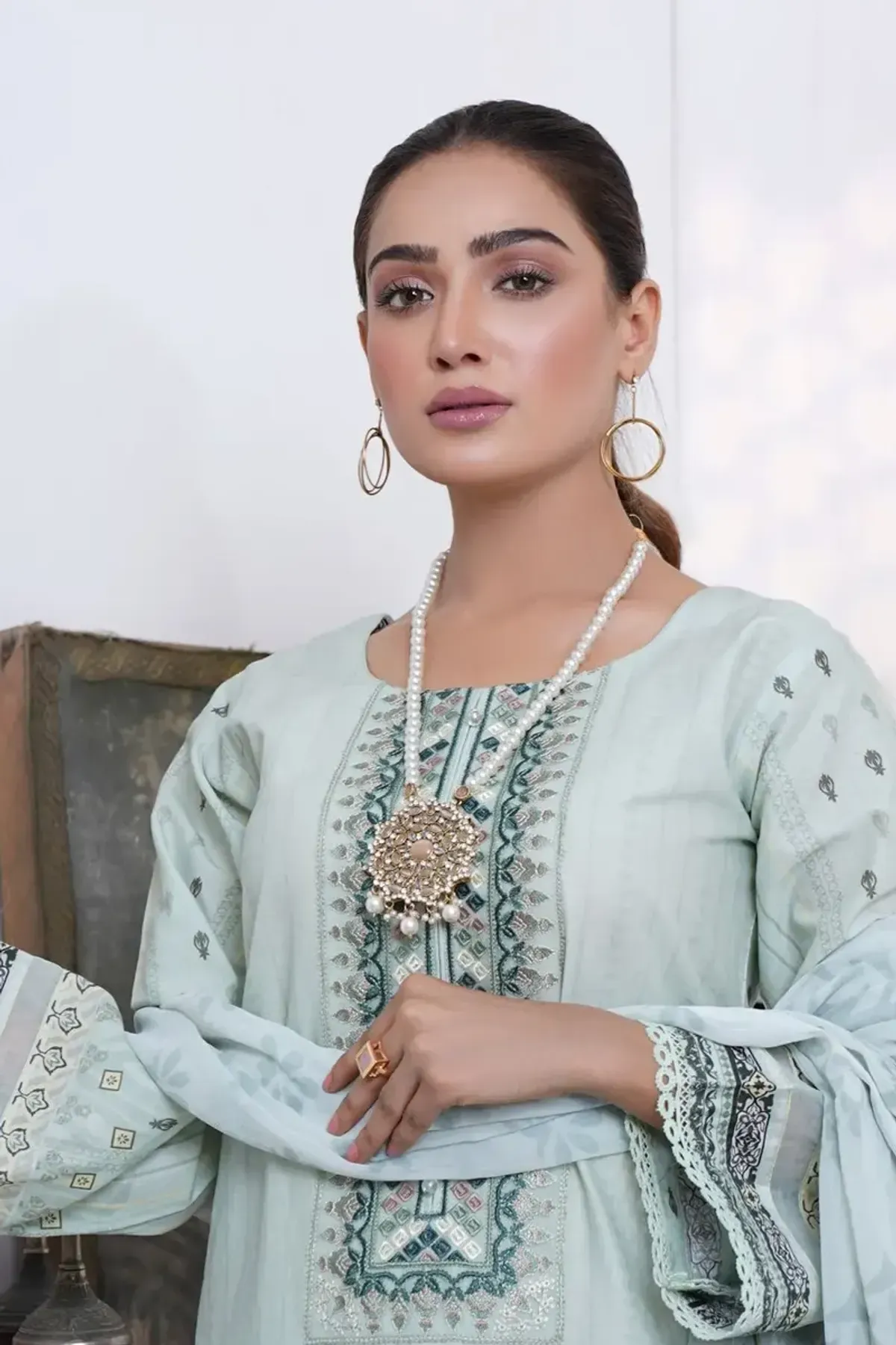 Mint Printed Lawn Suit Set, detail