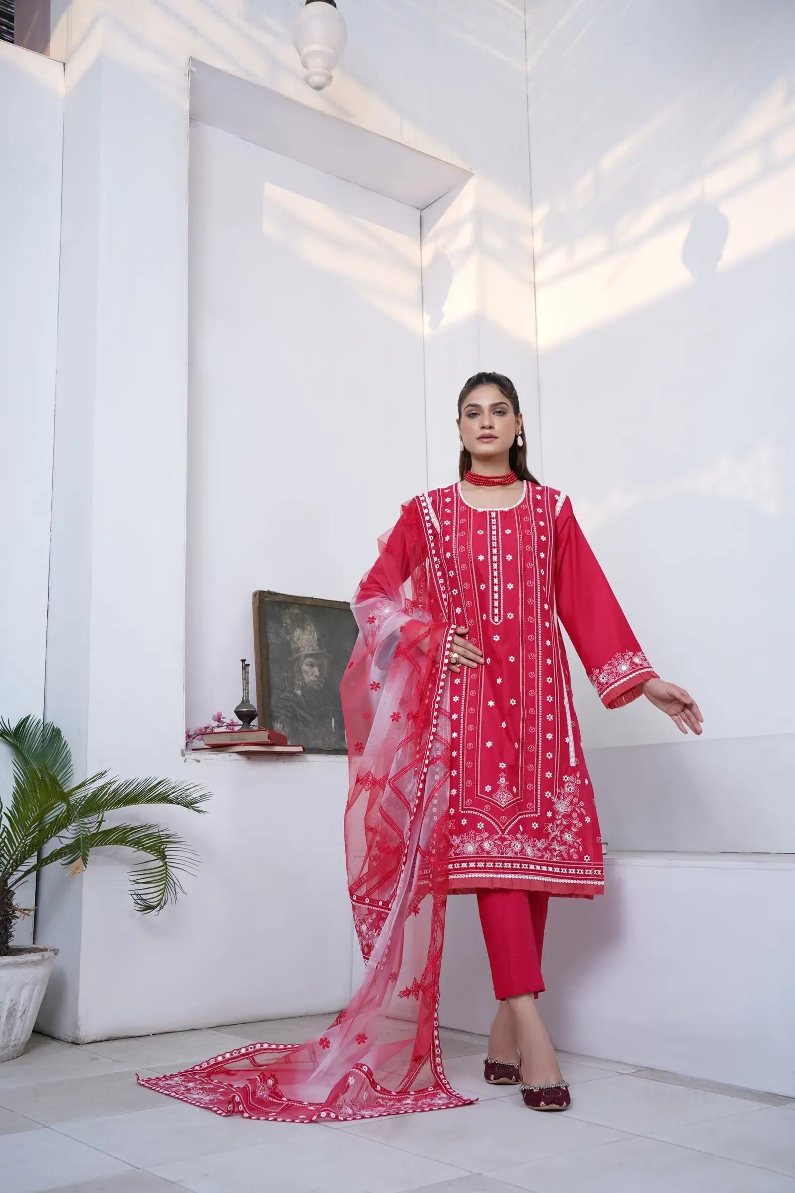 Rani Pink Embroidered Cotton Suit Set, front