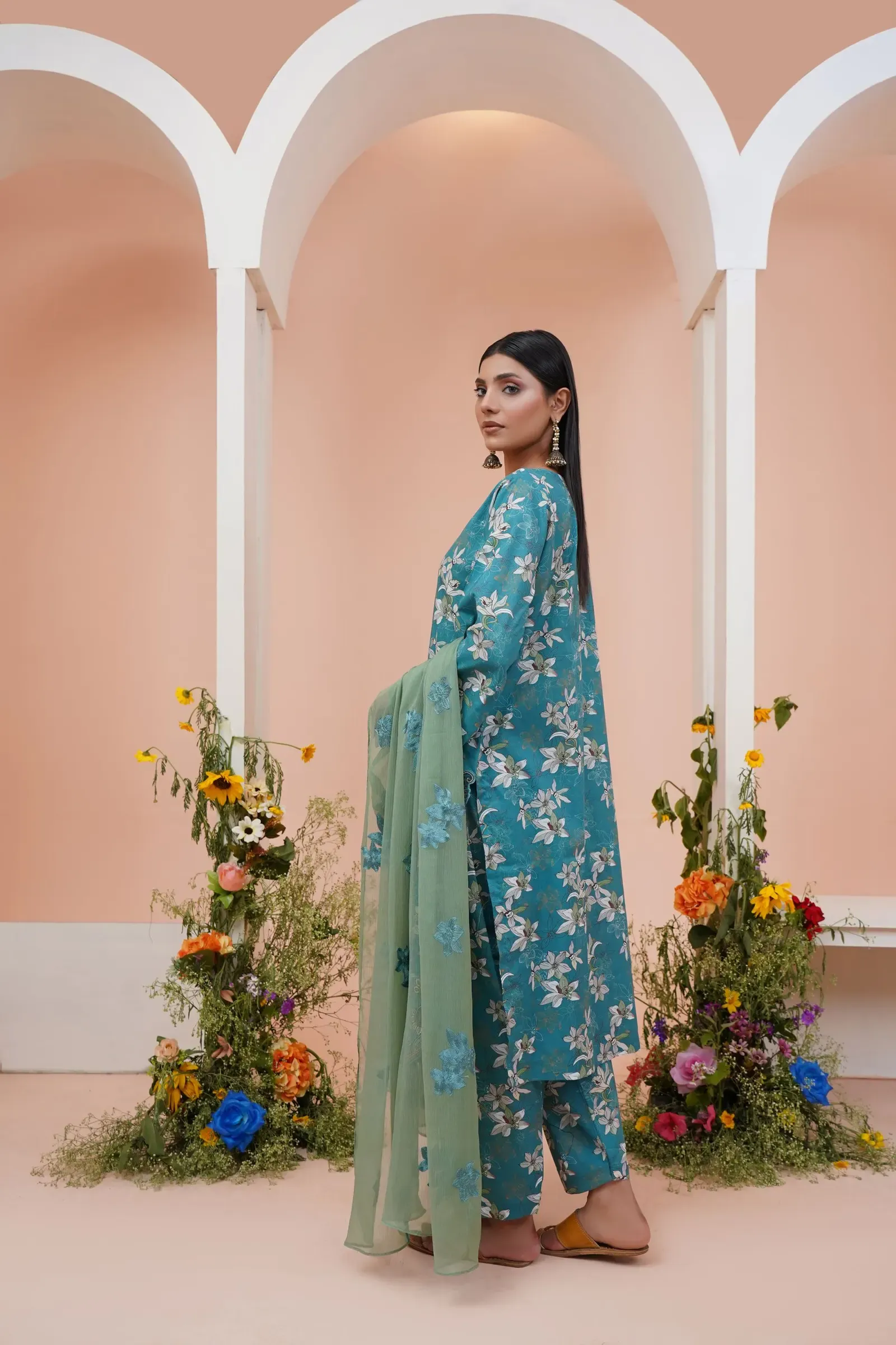 Teal Jaal Print Lawn Kurta Set