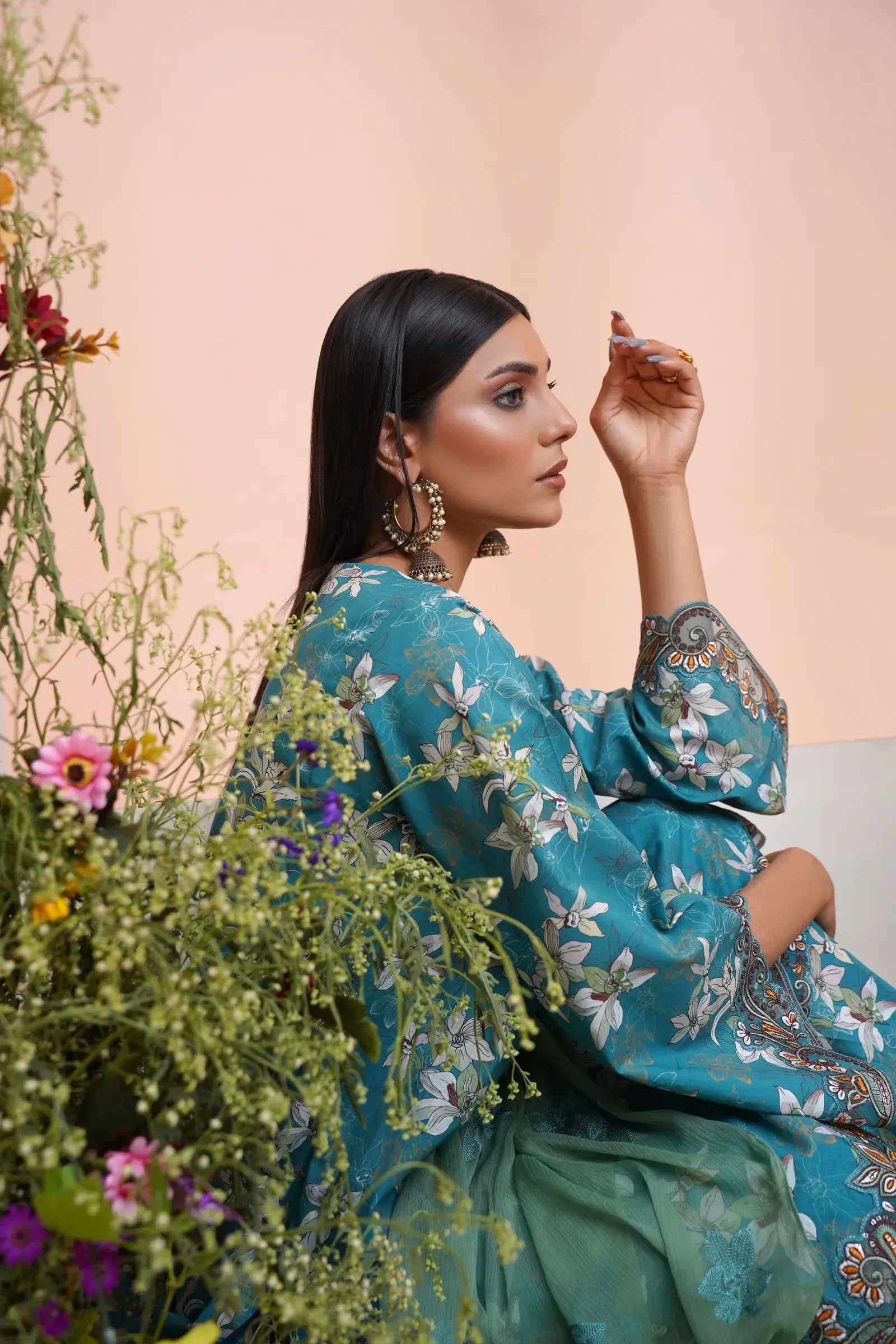 Teal Jaal Print Lawn Kurta Set, detail